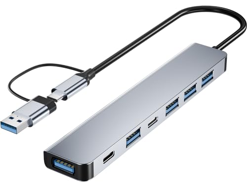 BERLAT 7-in-1 USB C Hub Aluminum USB 3.0 for MacBook PC iPad | 7-in-1 hub: 1x USB 3.0 + 4x USB 2.0 + 2x USB-C, 5Gbps transfer, Plug and play, Aluminum casing, For MacBook/PC/iPad/Xbox/PS4