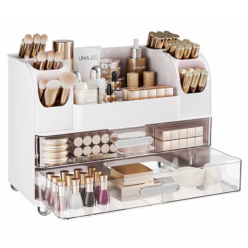 Delamu Large Makeup Organizer Countertop with 6 Brush Holders, White | Vanity Organizer with 2 Drawers, Gift for Women & Girls, Holds Perfume, Skincare, Lipstick, Nail Polish & Hair Accessories