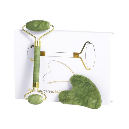 LSXKAMIX Jade Roller Gua Sha Tools - Nature Gua Sha Facial Tool Skin Tightening Face Massager Anti-Aging Jade Face Roller Puffiness Reducing Guasha Stone for Women Men(Green)