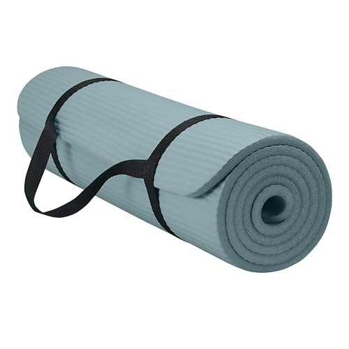 Gaiam Essentials Thick Yoga Mat with Easy-Cinch Strap (Balsam, 10mm) | Extra-Thick 10mm Cushioning | Textured Non-Slip Surface | Carrying Strap Included | Yoga, Pilates & Floor Workouts | 68"x24"