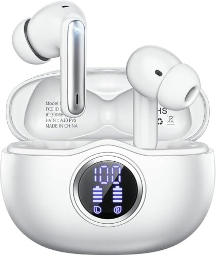 Fhumsh Wireless Earbuds, Bluetooth 6.0 Headphones HiFi Stereo 50H Playback LED Digital Display Ear Buds with ENC Noise Canceling Headset, IPX7 Waterproof Earphones for Gym/Running/Work(White)