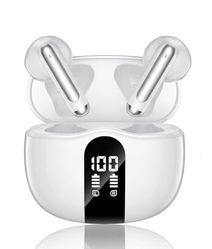 Wireless Earbuds, 2026 Bluetooth 5.4 Headphones Bass Stereo Ear Buds with Noise Cancelling Mic, LED Display in Ear Earphones 50H Playtime Ear Buds, IP7 Waterproof for Laptop Pad Phones Satin White